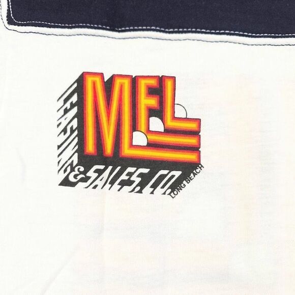 Vintage MEL Long Beach T Shirt Mens Size Small Dark Blue 80s Ringer Tee - Picture 3 of 7